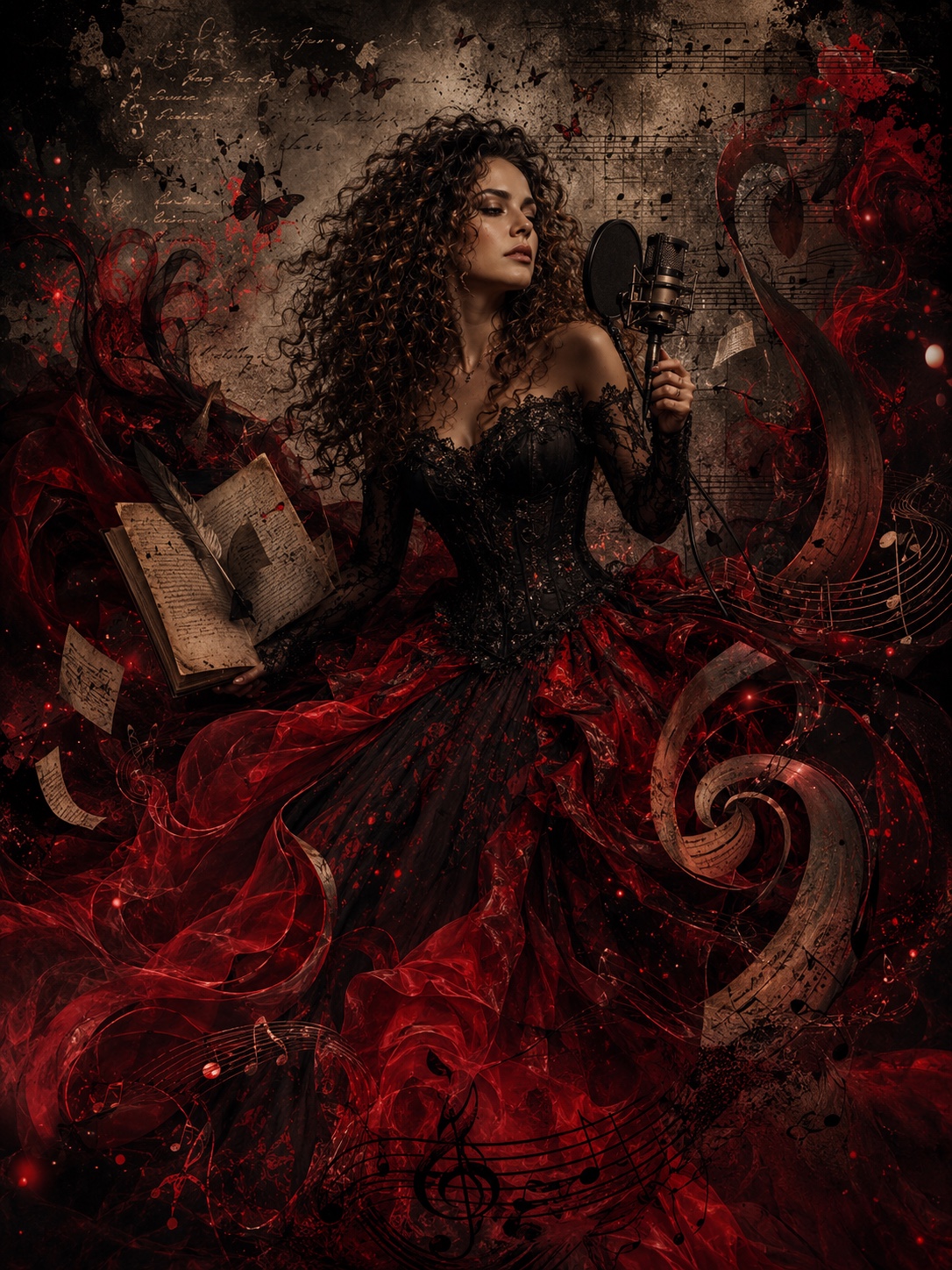 Hope de l’Ancre, audiobook narrator for The Crimson Room, performing at a studio microphone